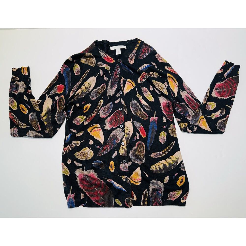 LIZ CLAIBORNE NEW YORK CARDIGAN SWEATER BLACK WITH FEATHERS SIZE MEDIUM SLIM FIT